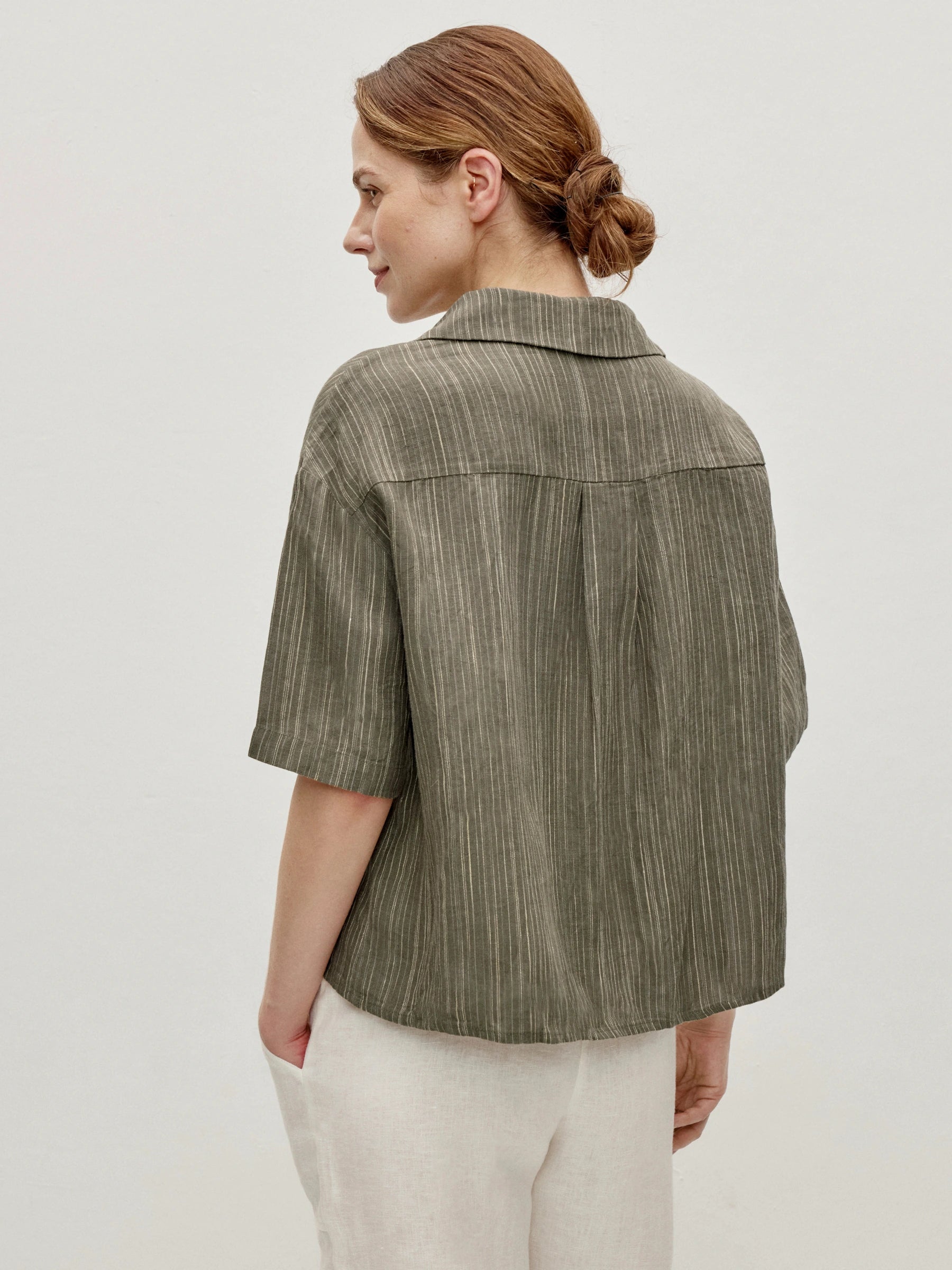 100% Linen Stripe Cuban Collar Half Sleeve Shirt