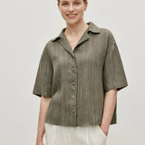 100% Linen Stripe Cuban Collar Half Sleeve Shirt
