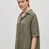100% Linen Stripe Cuban Collar Half Sleeve Shirt