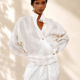 100% Linen Stripe Stand Collar Asymmetric Button Blouse