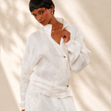 100% Linen Stripe Stand Collar Asymmetric Button Blouse