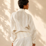100% Linen Stripe Stand Collar Asymmetric Button Blouse