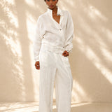 100% Linen Stripe Stand Collar Asymmetric Button Blouse