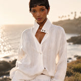 100% Linen Stripe Stand Collar Asymmetric Button Blouse