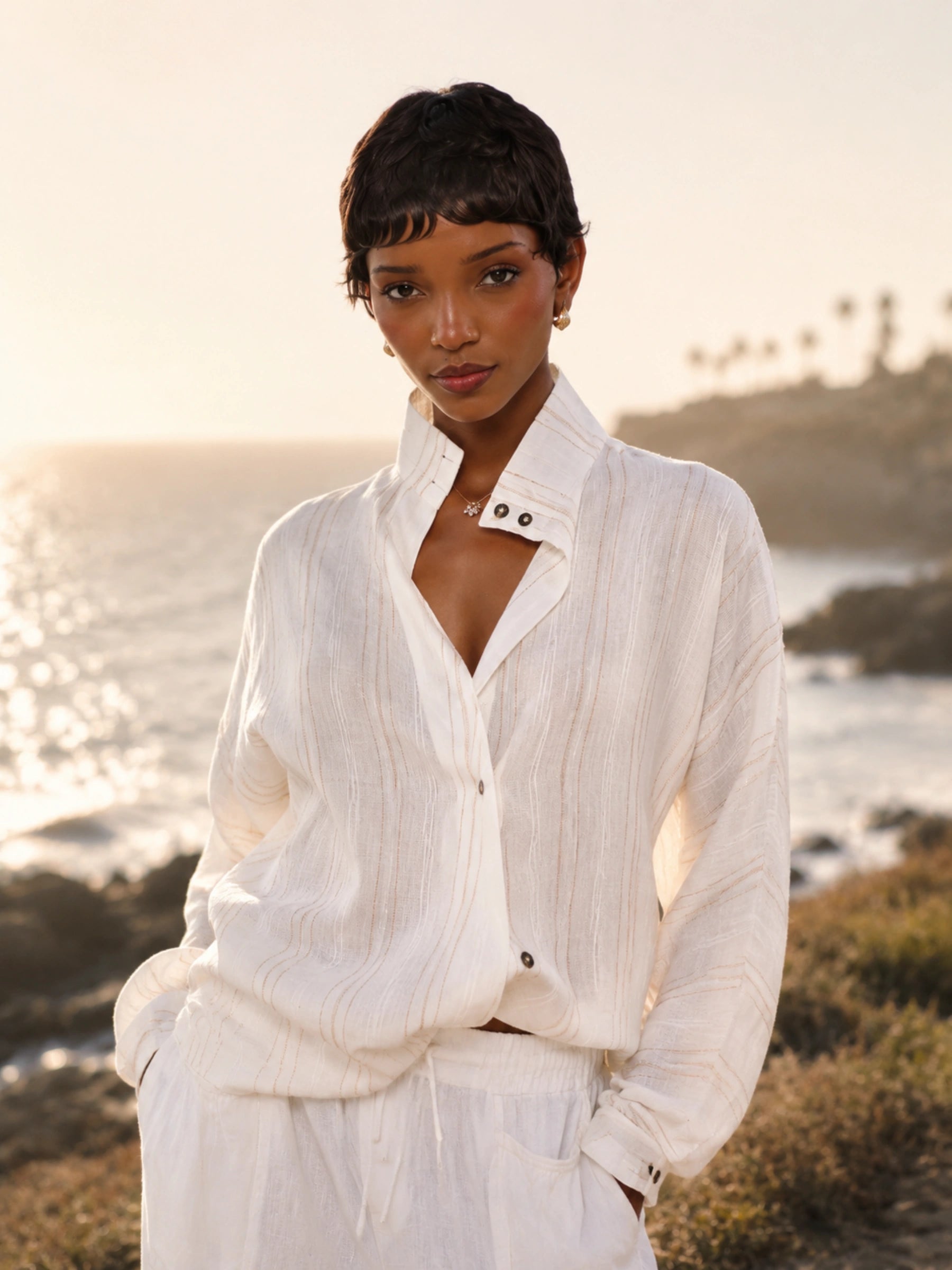 100% Linen Stripe Stand Collar Asymmetric Button Blouse
