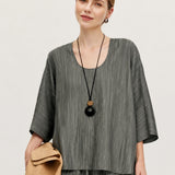 100% Linen Stripe U-Neck Dolman Sleeve T-Shirt