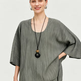 100% Linen Stripe U-Neck Dolman Sleeve T-Shirt