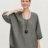 100% Linen Stripe U-Neck Dolman Sleeve T-Shirt