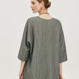 100% Linen Stripe U-Neck Dolman Sleeve T-Shirt