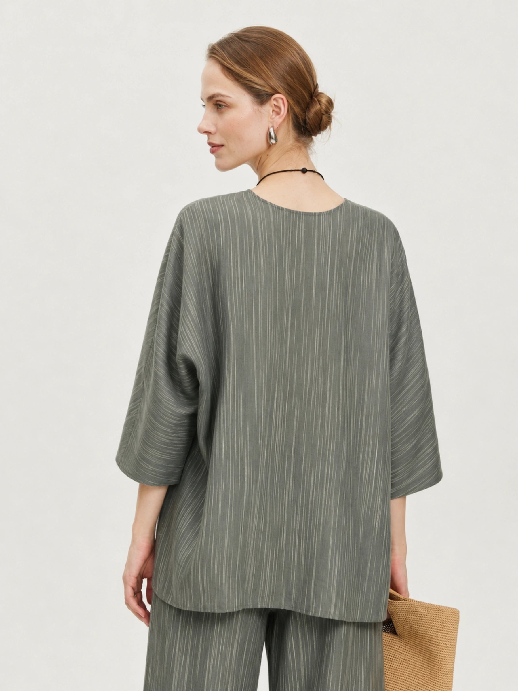 100% Linen Stripe U-Neck Dolman Sleeve T-Shirt