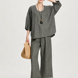 100% Linen Stripe U-Neck Dolman Sleeve T-Shirt