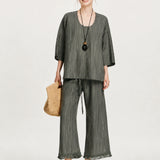 100% Linen Stripe U-Neck Dolman Sleeve T-Shirt