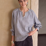 100% Linen Stripe Hand-beaded V-neck Blouse