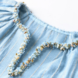 100% Linen Stripe Hand-beaded V-neck Blouse
