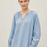 100% Linen Stripe Hand-beaded V-neck Blouse