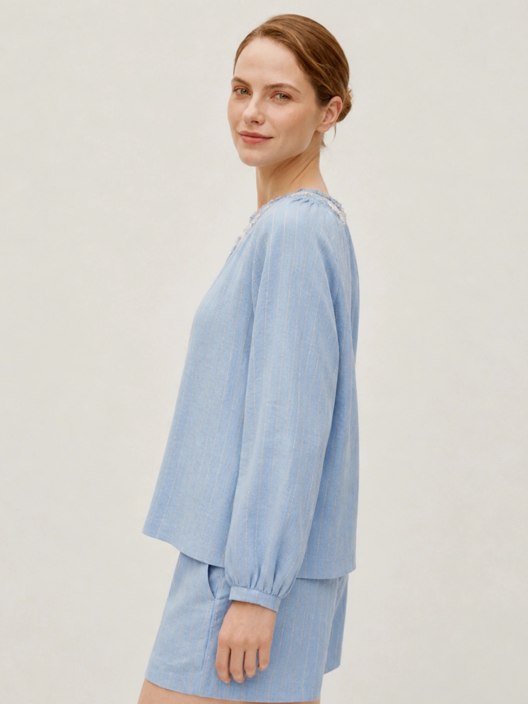 100% Linen Stripe Hand-beaded V-neck Blouse