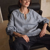 100% Linen Stripe Hand-beaded V-neck Blouse
