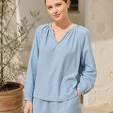 100% Linen Stripe Hand-beaded V-neck Blouse