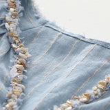 100% Linen Stripe Hand-beaded V-neck Blouse