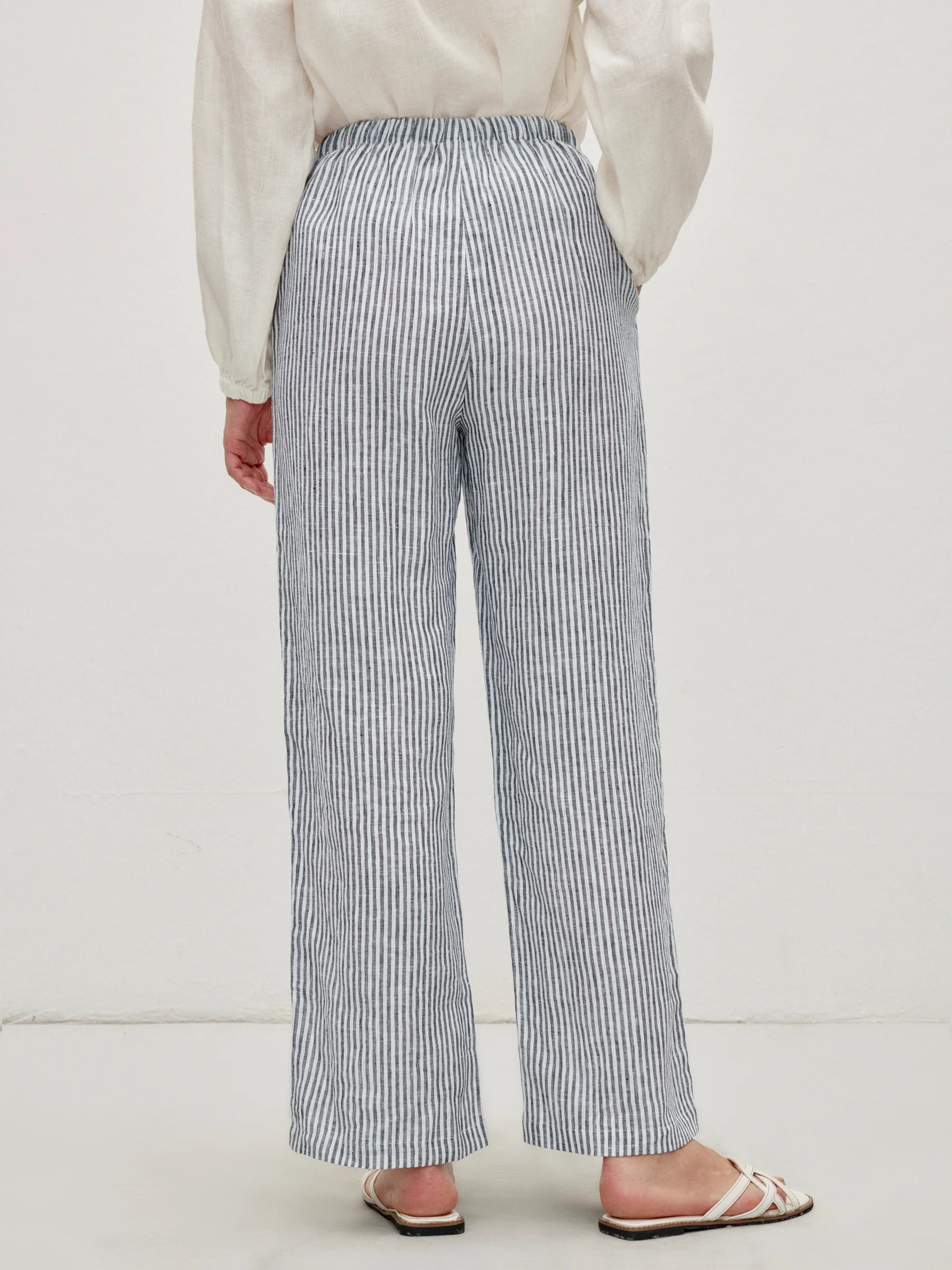 100% Linen Striped Elastic Waist Straight Leg Pants