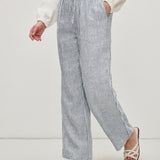 100% Linen Striped Elastic Waist Straight Leg Pants