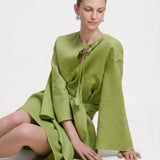 100% Linen Tassel Tie-Neck Belted Mini dress