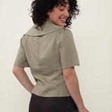 100% Linen Textured Collar Puff Sleeve Blouse