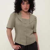 100% Linen Textured Collar Puff Sleeve Blouse
