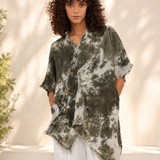 100% Linen Tie-Dye Asymmetric Frayed Blouse