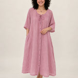 100% Linen Tie-Neck Button-Front Relaxed Maxi Dress