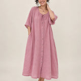 100% Linen Tie-Neck Button-Front Relaxed Maxi Dress