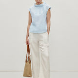 100% Linen Drawstring Waist Patch Pockets Straight Leg Pants