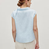 100% Linen Tie Collar Front Pleated Sleeveless Top