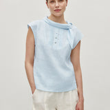100% Linen Tie Collar Front Pleated Sleeveless Top