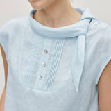 100% Linen Tie Collar Front Pleated Sleeveless Top
