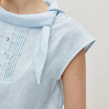 100% Linen Tie Collar Front Pleated Sleeveless Top