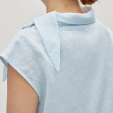 100% Linen Tie Collar Front Pleated Sleeveless Top