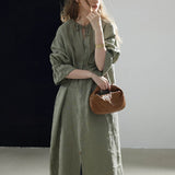 100% Linen Tie Neck Flare Sleeve Shirt Dress