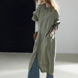 100% Linen Tie Neck Flare Sleeve Shirt Dress