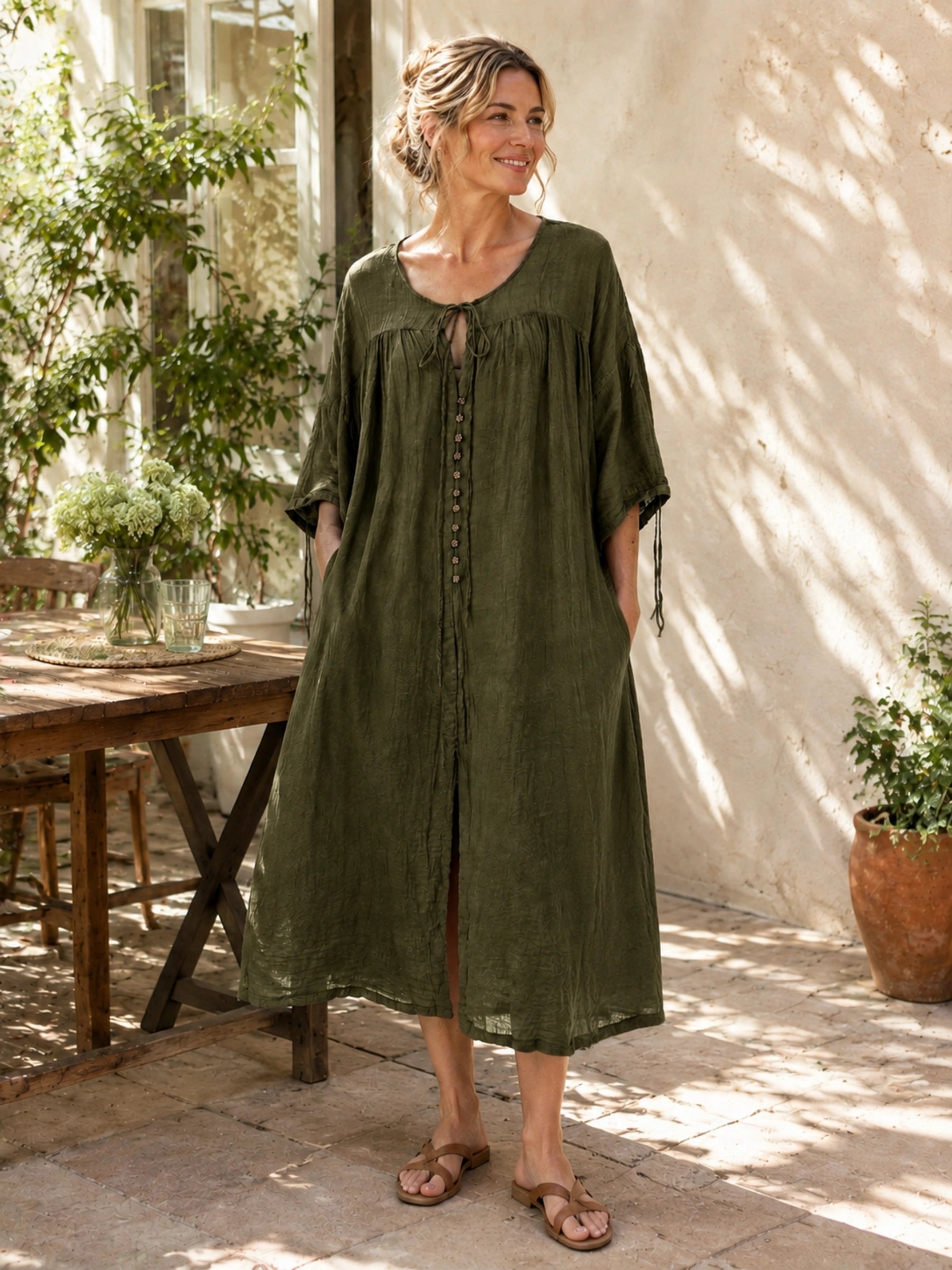 100% Linen Tie Neck Maxi Dress