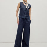 100% Linen Elastic Waist Embroidered Lace Straight Leg Pants