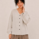 100% Linen V-Neck Button-Front Relaxed Top