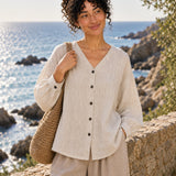 100% Linen V-Neck Button-Front Relaxed Top