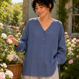 100% Linen V-Neck Button-Front Relaxed Top