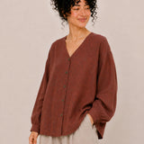 100% Linen V-Neck Button-Front Relaxed Top