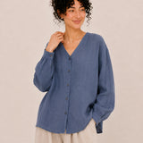 100% Linen V-Neck Button-Front Relaxed Top