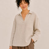 100% Linen V-Neck Collared Relaxed Top with Chest Pocket