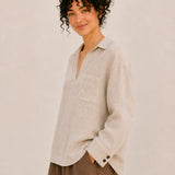 100% Linen V-Neck Collared Relaxed Top with Chest Pocket
