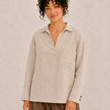100% Linen V-Neck Collared Relaxed Top with Chest Pocket