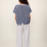 100% Linen V-Neck Embroidery Lace Trim Blouse